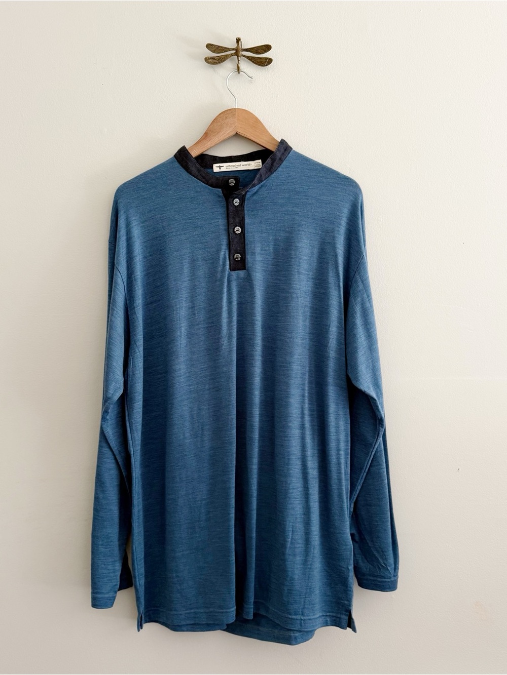 Untouched World Merino Wool Mens Blue Henley Long Sleeve Tee
